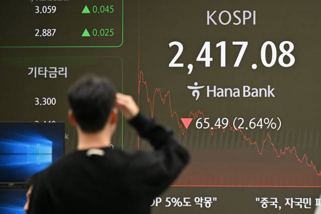 국내 증시가 연일 하락하는 13일 서울 중구 하나은행 인피티니 딜링룸에서 딜러들이 업무를 보고 있다. 윤웅 기자