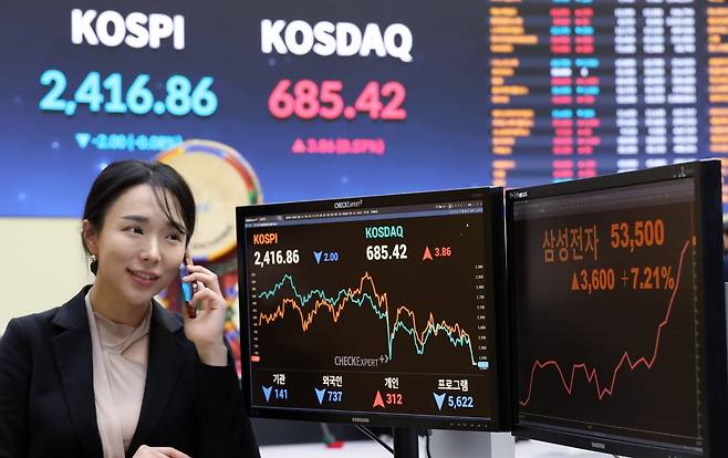 삼성전자 주가가 5만원대를 회복한 15일 서울 여의도 한국거래소에서 직원이 주가 추이를 보고 있다./사진=강은구 기자
