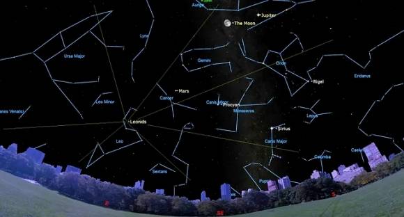 2024년 11월 17일 밤하늘 그림. 사자자리 유성우의 복사점이 사자 머리에 위치한다. / 출처=Chris Vaughan/Starry Night