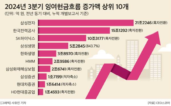2024년 3분기 잉여현금흐름 증가액 상위 10곳. CEO스코어