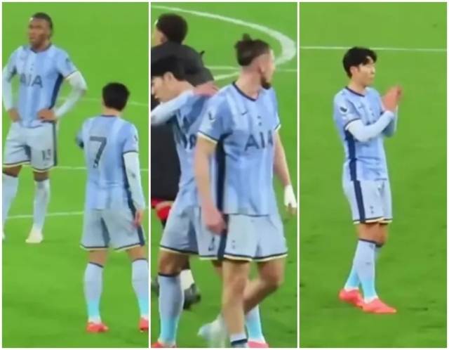 토트넘 주장 손흥민이 동료 우도지가 경기가 끝난 후 허탈해하면서 팬들을 무시하자 "박수치라"고 화를 내고 있다./소셜미디어