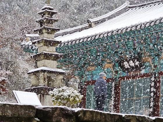 벽련암에서 폭설을 만났다. 눈이 반짝반짝 빛난다.