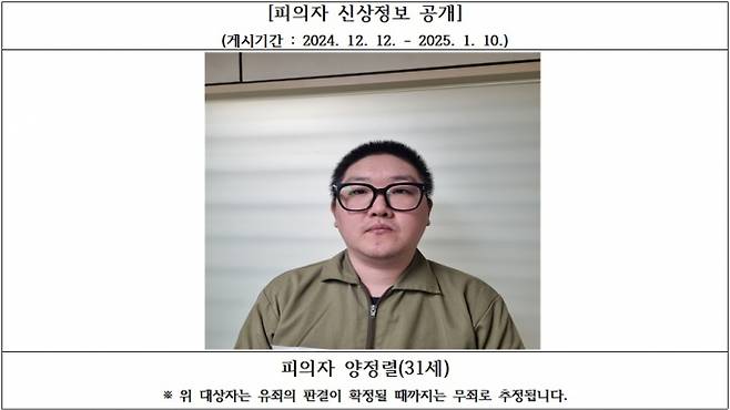 '김천 오피스텔 살인사건' 피의자 양정렬(31)의 신상정보가 공개됐다. /사진=대구지검 김천지청 제공