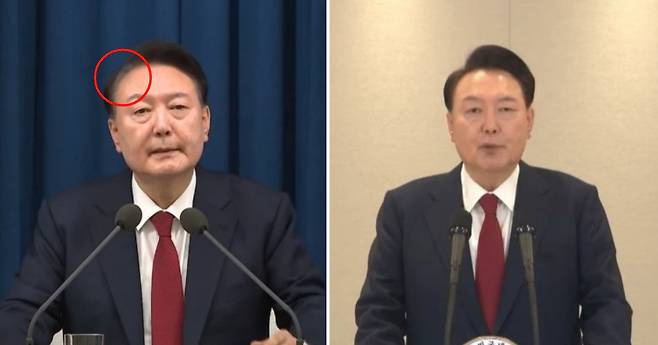 비상계엄을 선포한 지난 3일 밤 윤석열 대통령 모습(왼쪽)과 그로부터 9일 후에 진행된 제4차 대국민 담화 때의 윤석열 대통령 모습. /사진=뉴스1