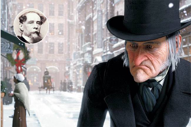 영화 ‘크리스마스 캐럴’에서의 스크루지 모습과 원작자인 찰스 디킨스(원 안). 자료사진