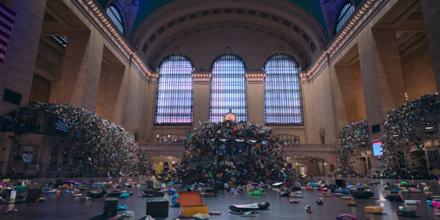 지난달 20일 공개된 넷플릭스 오리지널 다큐멘터리 '지금 구매하세요: 쇼핑의 음모'의 한 장면. 미국 뉴욕시 그랜드 센트럴 터미널에 '과잉 생산'된 온갖 물품들이 들어차는 모습을 가상으로 시각화했습니다. 넷플릭스 제공