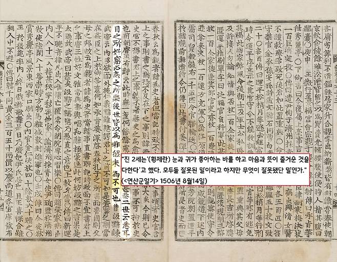 연산군은 1506년 “이제부터 사관은 시정(時政)만 기록할 뿐 임금의 일은 기록하지 말라”고 명했다. 연산군은 “‘진 2세는 (황제란) 눈과 귀가 좋아하는 바를 하고 마음과 뜻이 즐거운 것을 다한다’고 했다. 군주인 내가 무엇을 잘못했단 말이냐”고 큰소리친다.