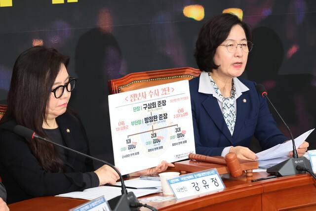 20일 오후 서울 여의도 국회에서 열린 더불어민주당 ‘윤석열 내란 진상조사단’ 회의에서 추미애 단장이 선거관리위원회 침탈에 관여한 정보사령부 ‘수사2단’의 실체를 공개하고 있다. 연합뉴스