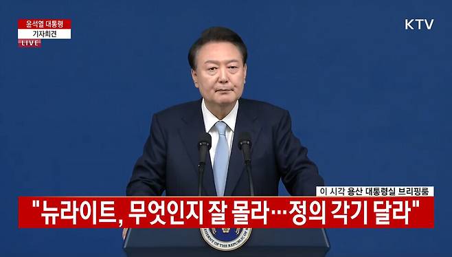 윤석열 대통령이 지난 8월 서울 용산 대통령실에서 기자회견을 하고 있다. 이날 윤 대통령은 “우리가 독립전쟁을 해서 해방을 맞이하고 광복을 얻게 된 것은 아니지 않습니까. 일제가 태평양전쟁에서 패망했기 때문에 우리가 자유와 독립을 얻게 됐다”라고 했다. 국민방송(KTV) 갈무리