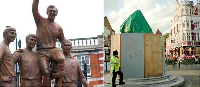 1966 월드컵 챔피언 잉글랜드의 주축 멤버가 웨스트햄 선수인 관계로 홈구장이었던 업튼 파크 근처에는 이를 기념한 조형물이 있다. 사진 오른쪽은 2009년 8월 도커스 더비를 앞두고 밀월 팬들로부터 보호하고자 조형물이 판자로 덮인 모습. 퍼블릭 도메인