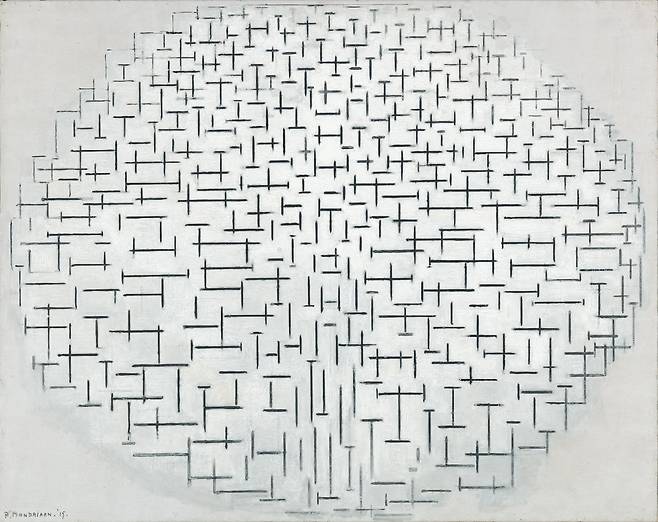 흑과 백의 구성 10. 위쪽 선은 수평선을, 하단의 수직선들은 방파제를 가리킨다. 몬드리안은 시골, 바다, 별이 빛나는 하늘처럼 헤아릴 수 없는 공허와 광활함의 인상을 그림에 리드미컬하게 담으려 했다.