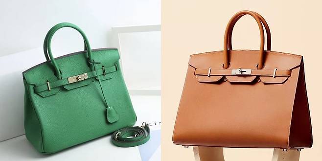 월마트가 출시한 에르메스 버킨백 디자인의 '워킨백'(왼쪽), 에르메스의 원조 버킨백./월마트, 에르메스