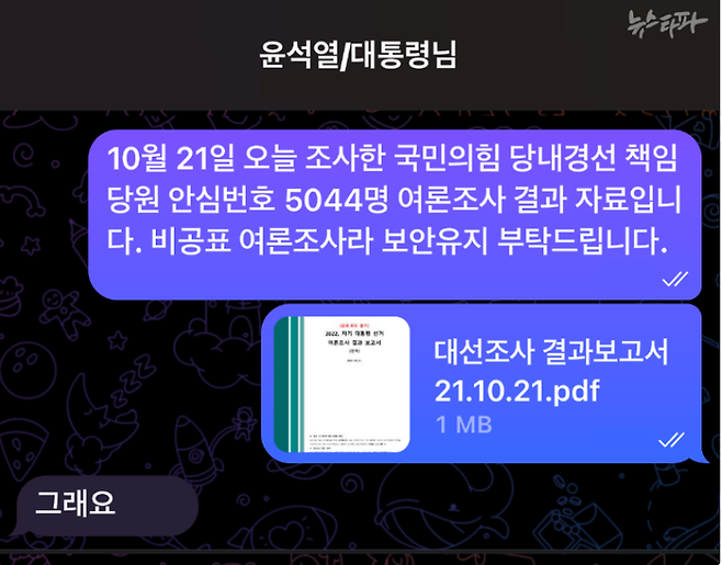 뉴스타파가 재구성한 명태균씨와 윤석열 대통령의 텔레그램 대화. 뉴스타파 유튜브 캡처