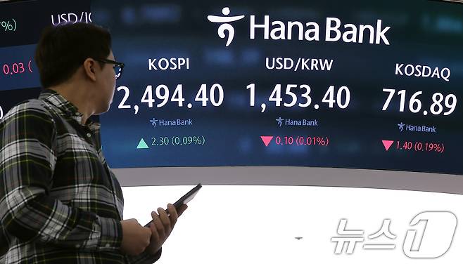 서울 중구 하나은행 본점 딜링룸 전광판./뉴스1 ⓒ News1 김진환 기자