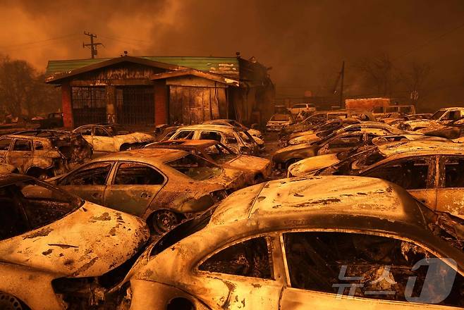 8일 (현지시간) 산불이 발생한 캘리포니아주 앨터디너의 주차장에 불에 탄 차량들이 즐비하다. 2025.01.09 ⓒ AFP=뉴스1 ⓒ News1 우동명 기자