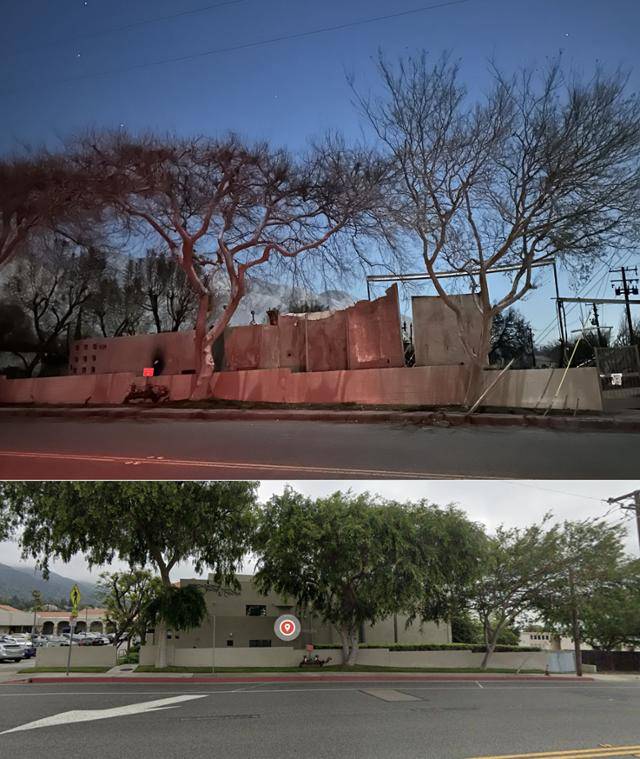 미국 캘리포니아주를 덮친 로스앤젤레스 산불의 하나인 '이튼 산불'로 소실돼 버린 로스앤젤레스 패서디나 지역 유대교 회당(위 사진). 아래 사진은 화재 이전 모습이다. 로스앤젤레스=이서희 특파원·구글 스트리트뷰 캡처