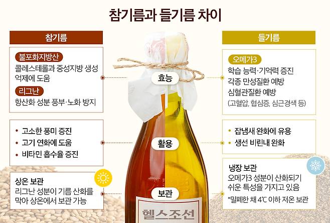 참기름과 들기름은 비슷해 보이지만 조금씩 차이가 있다./그래픽=김민선