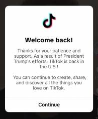 틱톡 앱을 다시 실행한 이용자들이 받은 메시지. / 출처=틱톡