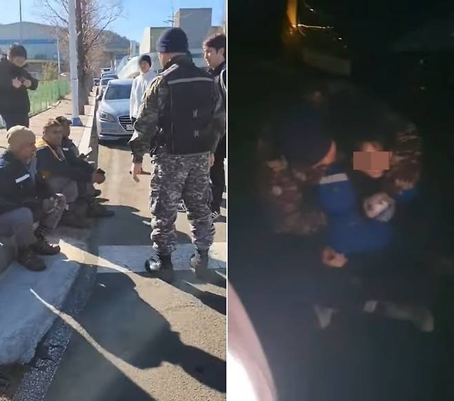 박진재 자유통일당 국회의원 후보(파란 모자를 쓴 남성)가 미등록 이주노동자들을 체포해 억류하고 경찰을 기다리는 모습. 박 후보 유튜브·틱톡