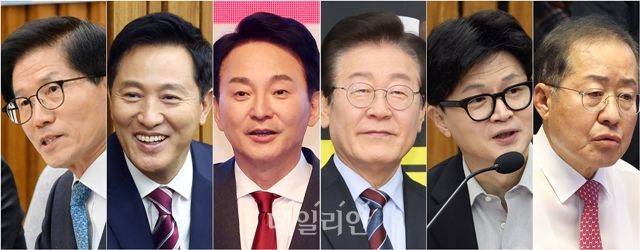 (왼쪽부터 가나다순) 김문수 고용노동부 장관, 오세훈 서울특별시장, 원희룡 전 국토교통부 장관, 이재명 더불어민주당 대표, 한동훈 국민의힘 전 대표, 홍준표 대구광역시장 ⓒ데일리안 홍금표 기자