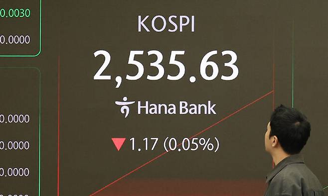 코스피와 코스닥지수가 하락 출발한 31일 오전 서울 중구 하나은행 딜링룸 전광판에 지수가 표시되고 있다. 뉴시스