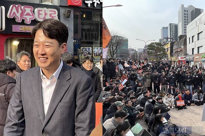 2일 홍대 인근 기자회견 현장을 찾은 이준석 의원(왼쪽)과 그를 보기 위해 모인 지지자들(오른쪽). /사진=이민형 기자