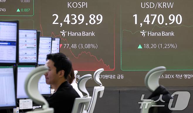 3일 오전 서울 중구 하나은행 본점 딜링룸 전광판./뉴스1 ⓒ News1 김성진 기자