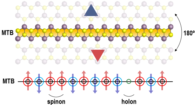 1차원 이황화몰리브덴 거울 쌍정 경계(MTB)의 격자 구조를 묘사한 그림(위)과 거울 쌍정 경계 내에서 강한 상호작용을 갖는 전자의 거동을 나타내는 모식도. IBS 제공
