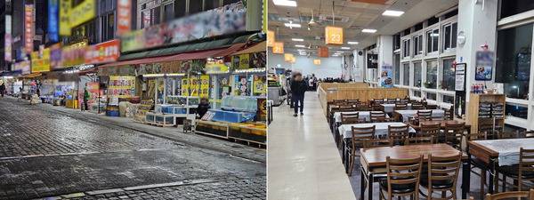 고물가, 경기침체, 계엄 여파 등으로 부산의 대표 관광지 상권이 직격탄을 맞았다. 사진은 지난 5일 저녁 부산 중구 자갈치시장 앞 거리가 한산한 모습(왼쪽)과 자갈치시장 2층 식당이 손님이 없어 텅 비어 있는 모습. 정인덕 기자