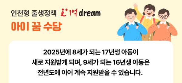 인천시 ‘아이(i) 플러스 1억드림’ 아이 꿈 수당 안내문. 인천시 제공
