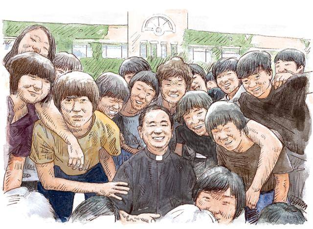 생전 윤병훈 신부는 말하곤 했다. "우리네 인생은 누구를 만나느냐에 따라 그 행로가 달라진다. 아이들이 무슨 죄가 있다고 못난 어른을 만나 증오심을 키우며 살아야 하나. 가엾은 아이들은 때론 아무 죄가 없다." 이런 생각은 각양각색의 상처를 가진 학생들을 마주하며 더 강해졌다. 일러스트=신동준 기자