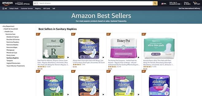 올해 1월 라엘의 ‘유기농 순면커버 생리대’가 미국 아마존 전체 생리대 카테고리에서 1위에 올라 있는 화면