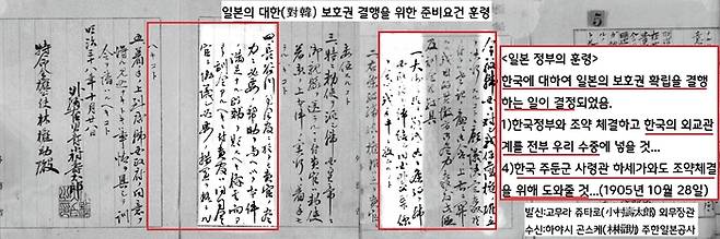 청일전쟁과 러일전쟁에서 잇달아 슬리한 일본에게 더이상의 적수는 없었다. 일본 정부는 1905년 10월28일 각의에서 한국의 보호국화를 위해 외교권을 빼앗는다는 방침을 세웠다. |<주한일본공사관기록> 24권 중