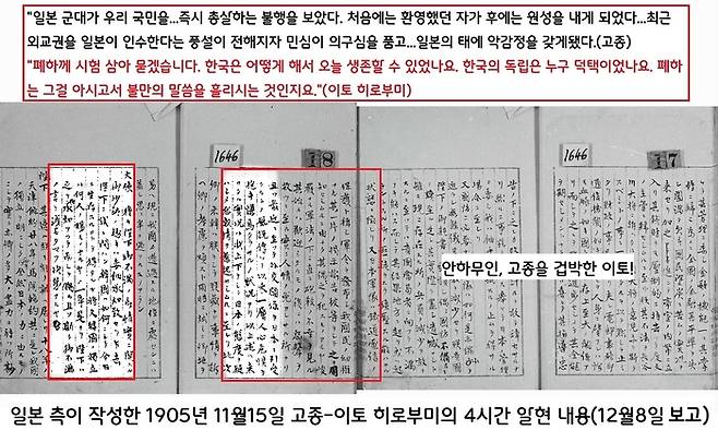 한국의 외교권을 빼앗아 일본의 보호국으로 만들 작정으로 11월9일 방한한 일본 특사 이토 히로부미는 안하무인격으로 고종을 압박했다. 이토는 “누구 덕에 한국이 생존하는 거냐”면서 “빨리 조약 체결에 나서라”고 겁박했다.|<주한일본공사관기록> 24권 중