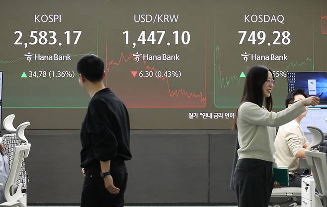 13일 서울 하나은행 딜링룸에 코스피와 코스닥지수 종가가 표시돼 있다. 연합뉴스