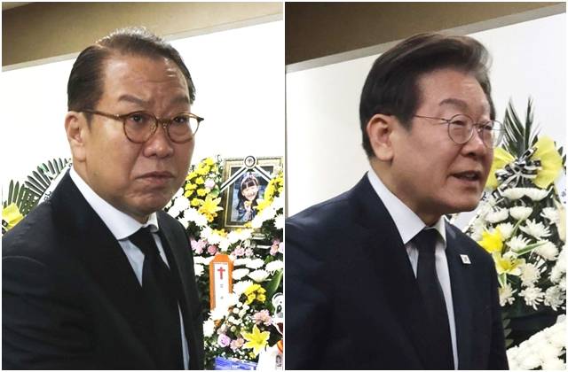 12일 오후 대전 건양대병원 장례식장에 마련된 고(故) 김하늘(8)양의 빈소를 찾은 권영세 국민의힘 비상대책위원장(왼쪽 사진)과 이재명 더불어민주당 대표. 연합뉴스