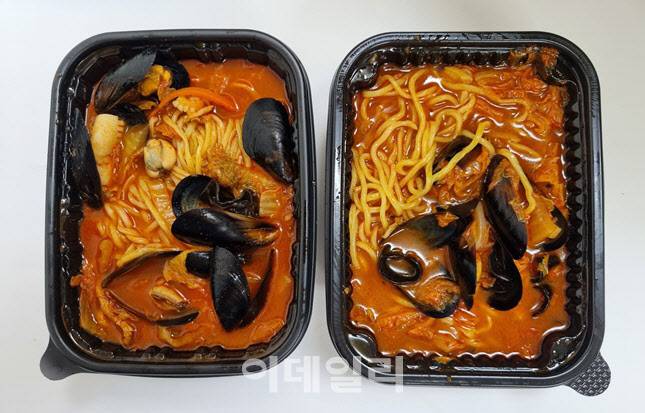 왼쪽부터 B지점 A지점. 해산물과 채소의 익힘정도와 불맛에서 B지점이 A지점을 앞섰다. (사진=한전진 기자)