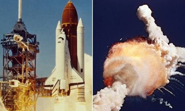 1986년 1월 28일 미국 플로리다주 케네디 우주 센터에서 우주왕복선 챌린저호가 발사되고 있다(왼쪽 사진). 오른쪽은 챌린저가 발사 후 73초 만에 공중에서 폭발하는 모습. 게티이미지 제공