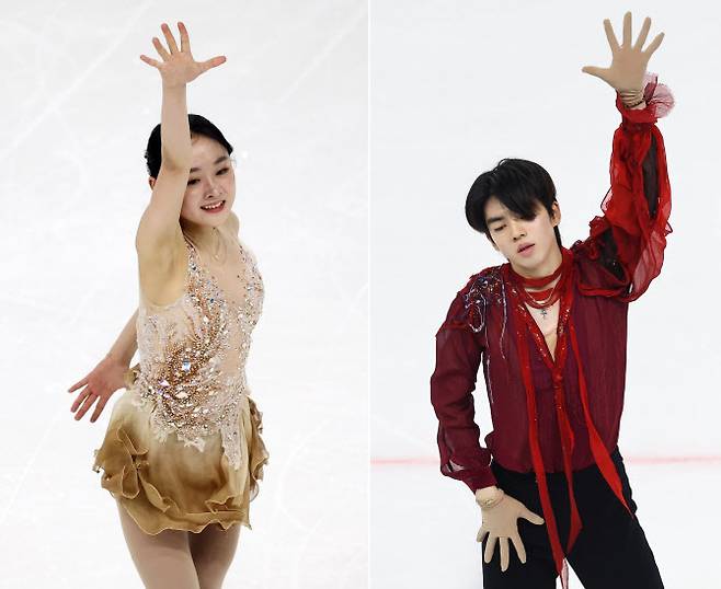 한국 피겨 스케이팅이 국제대회에서 사상 처음으로 남여 우승을 휩쓸었다. 사진은 13일 하얼빈 동계 아시안게임 싱글 프리스케이팅에서 연기를 펼치는 김채연(왼쪽 사진)과 차준환(오른쪽 사진). 사진=연합뉴스