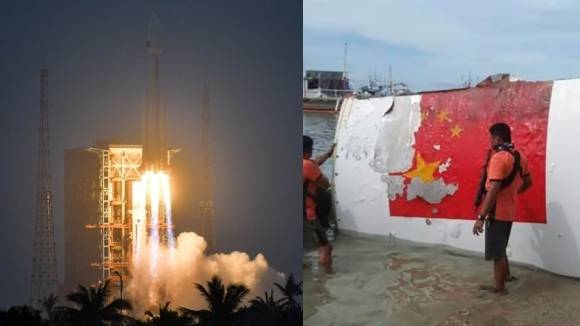 지난 11일 ‘창정(長征)-8A’가 발사되는 장면(왼쪽)과 2022년 8월 필리핀 근해에서 발견된 로켓 잔해. AP, 로이터 연합뉴스