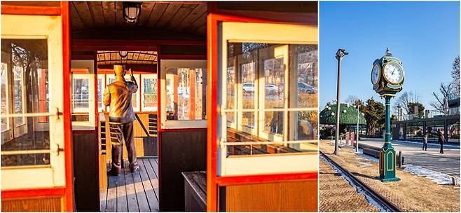 복원된 옛 전철(좌)과 화랑대역 시계탑(우)