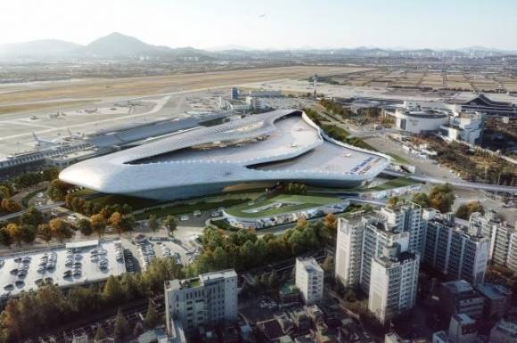 2030년 서울 김포공항 일대에 준공 예정인 도심항공교통(UAM) 이착륙장과 복합환승시설 조감도. 강서구 공항동 김포공항 일대 35만 4000㎡가 김포공항 혁신지구로 지정돼 교통허브로 본격 개발된다. 강서구 제공