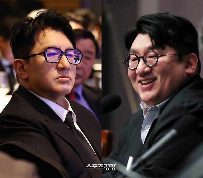 방시혁 하이브 의장의 20일 한경협 모습(왼쪽)과 과거 모습. 경향신문 자료사진