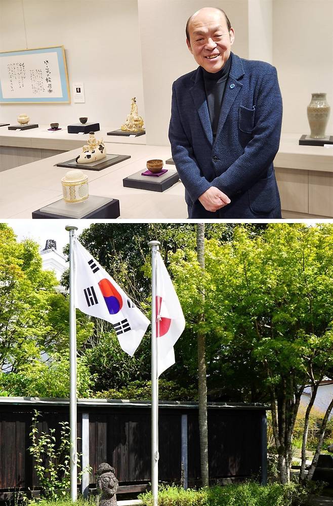 24일 일본 히로시마에서 열린 ‘심수관 전시회’에서 만난 15대 심수관(위쪽 사진)은 태극기와 일장기가 나란히 내걸린 도요(아래쪽 사진)에 자부심을 드러냈다. 그는 “두 나라는 영원한 이웃이고, 우정으로 맺어져야 할 관계”라며 올 10월 한일 양국 도예가들이 함께 참여하는 교류전을 열겠다고 밝혔다. 히로시마=이상훈 특파원 sanghun@donga.com·사진 출처 심수관요 인스타그램