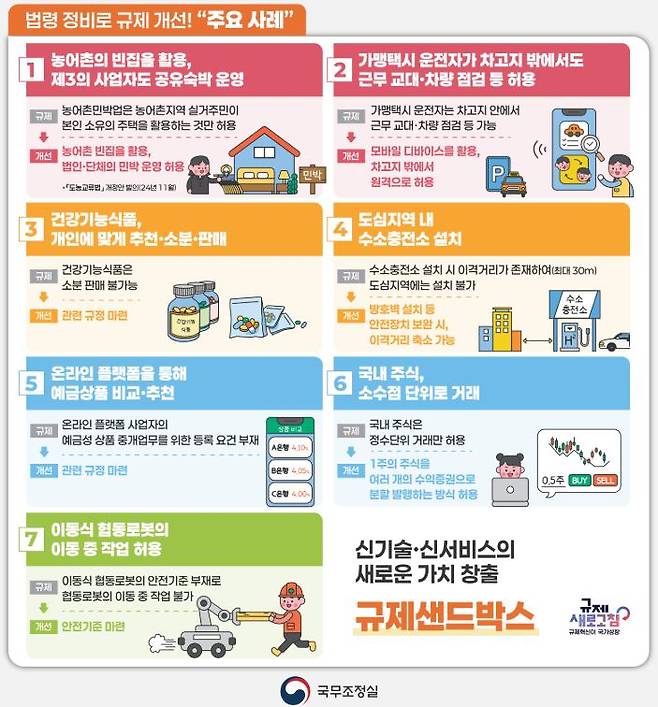 규제 샌드박스 사업 중 정부가 법령 정비를 통해 정식 규제 개선에 나서는 주요 사례. /국무조정실