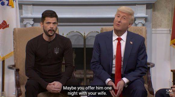 지난 1일 미국에서 방송된 정치 풍자 코미디 프로그램 SNL이 미국과 우크라이나의 정상 회담을 재연한 극중 한 장면. SNL 유튜브 갈무리