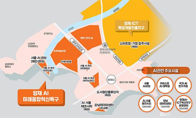 양재 AI 미래 융합 혁신 특구와 양재 ICT 특정 개발진흥지구 위치도. 서초구
