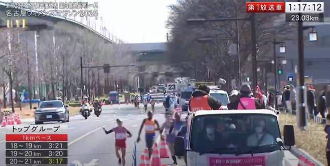 9일 열린 2025 나고야 여성 마라톤 대회 23㎞ 지점 상황. 가세다 리카를 제외한 나머지 선수들이 모두 러버콘 바깥쪽에서 뛰고 있다. 방향을 제대로 인지한 가세다가 오른손으로 선수들에게 방향을 알려주고 있다. 유튜브 Deep Fact YT 캡처