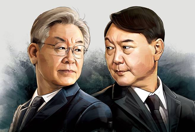 이재명 더불어민주당 대표(왼쪽)와 탄핵 소추로 직무가 정지된 윤석열 대통령 ⓒ일러스트 신춘성