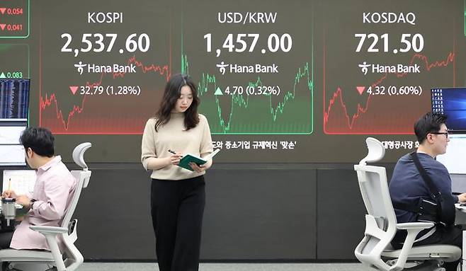 11일 오후 서울 중구 하나은행 딜링룸 현황판에코스피지수가 표시되고 있다. ⓒ연합뉴스